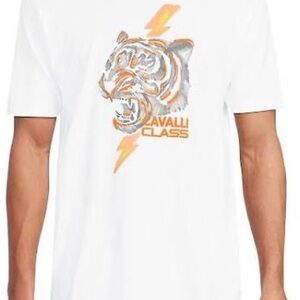 Cavalli Class White Tee with Orange and Gray Tiger Graphic